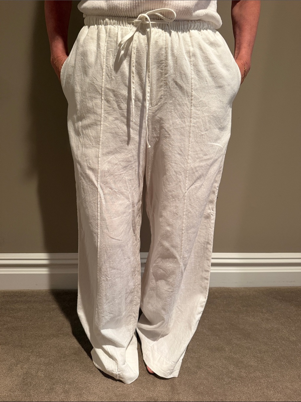 a new day White Linen Wide-Leg Drawstring Pants